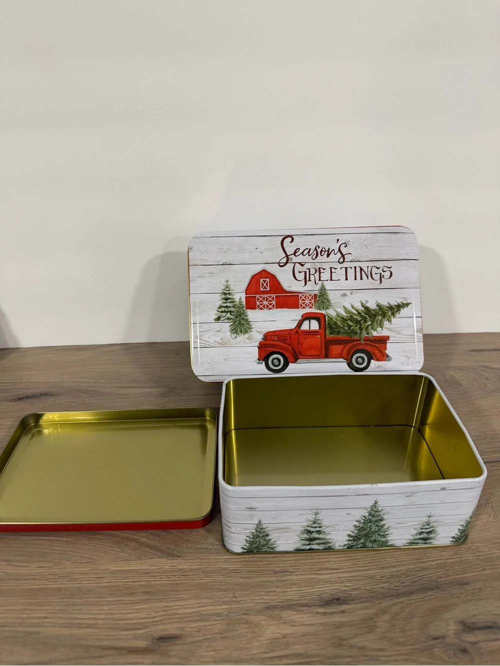 2 Season's Greetings Christmas Red Truck Rectangular Biscuit Tin Box, 1 big 1 sm